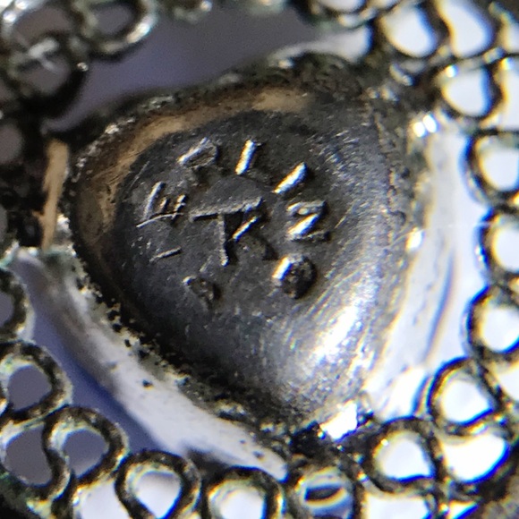 Artisan Signed R Sterling Silver Filigree Dainty Heart Paste Rhinestone Pendant - Picture 2 of 14